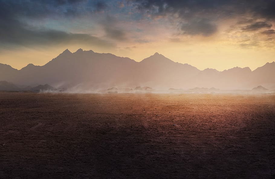 brown, field, mountain, daytime, image manipulation, landscape, mountains, sunrise, sunset, fog