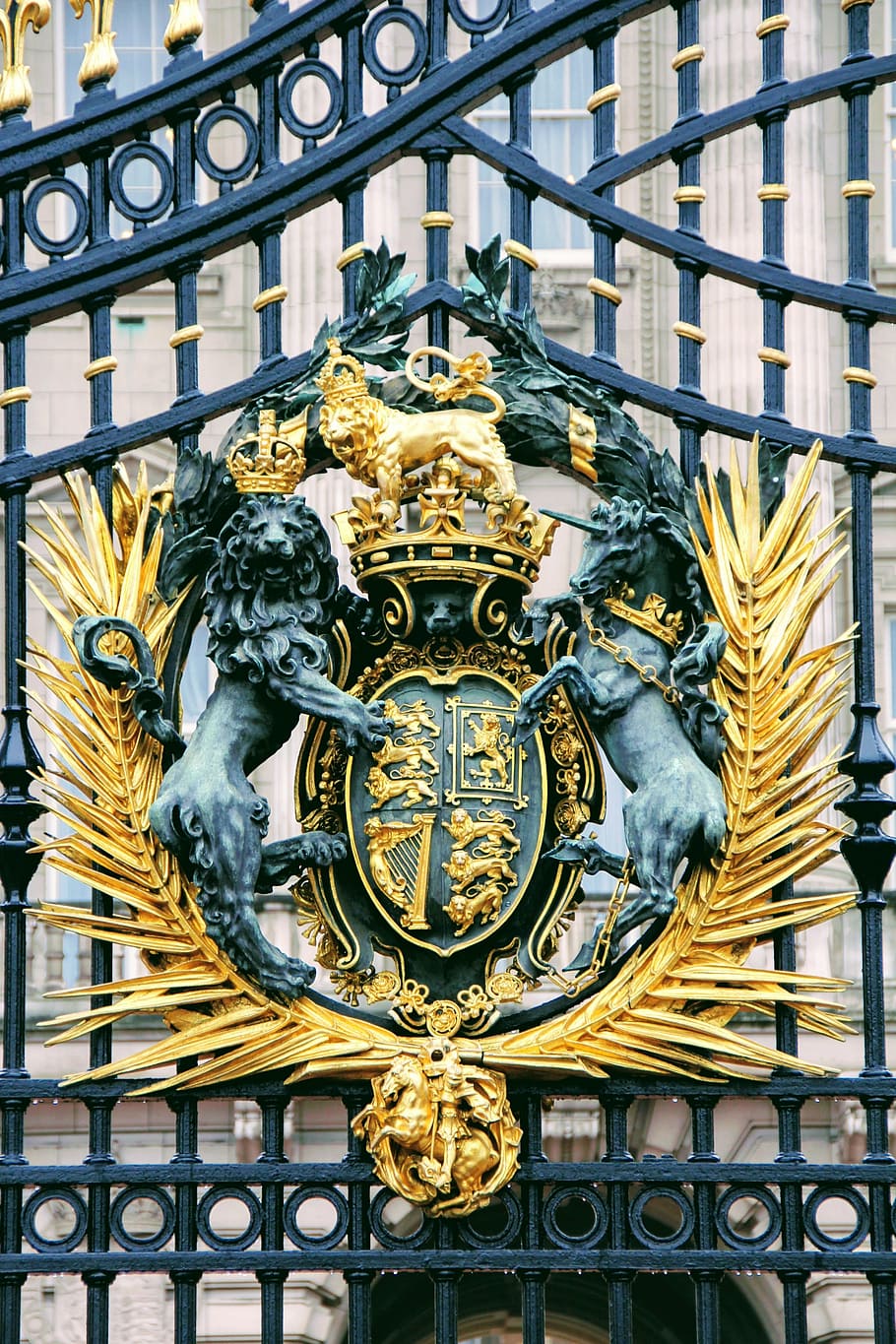 cinza, emblema dos leões de bronze, londres, palácio de buckingham, detalhes, cerca, reino unido, palácio, dourado, brasão de armas