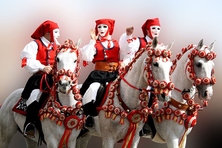 three, people, wearing, white-and-red costumes, riding, white, horses, sartiglia, oristano, sardinia