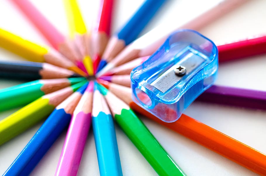 컬러 연필, 세트, ​​푸른, 깎이, 연필, 화려한, 색연필, 학교, 색깔, 교육