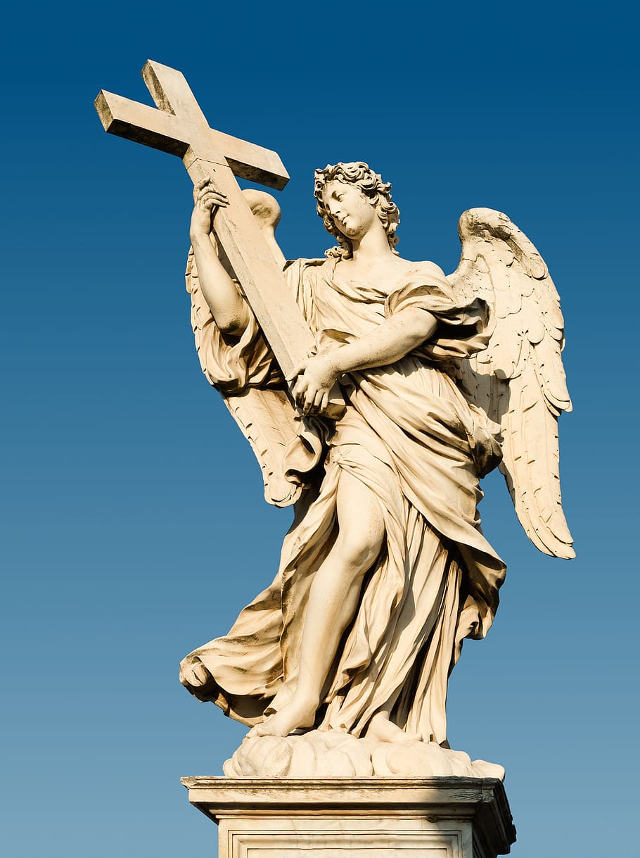 angel, holding, cross, statue, clear, blue, sky, the angel with the cross, sant'angelo bridge, rome