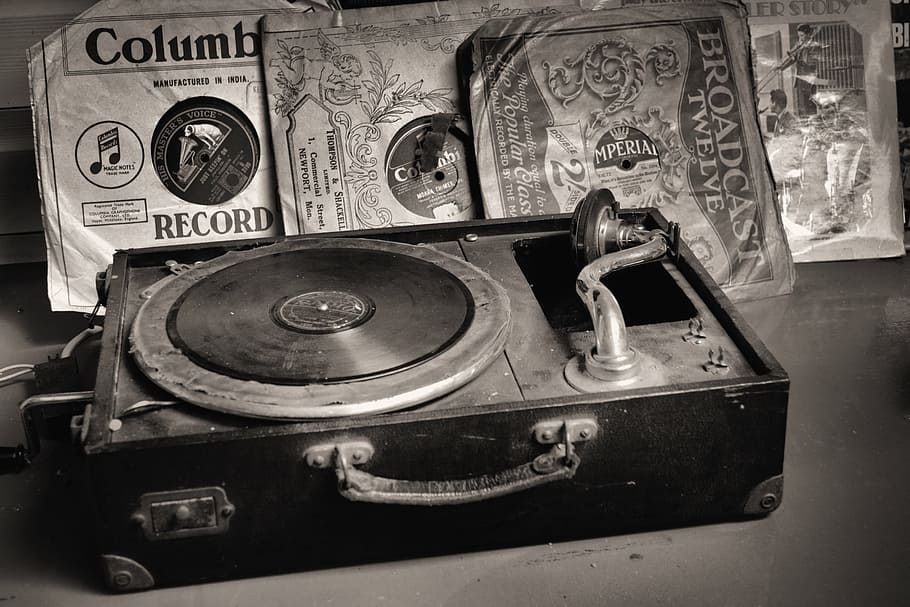 grayscale photo, turntable, record player, records, old, vinyl, retro, vintage, equipment, technology