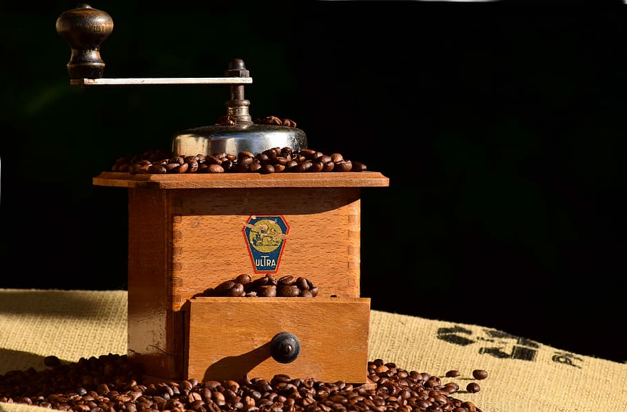 café, molinillo de café, molino, moler, granos de café, históricamente, madera, antiguo, cerrar, presupuesto