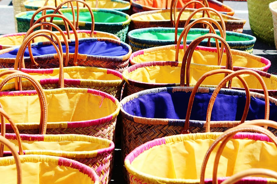 baskets, woven, wicker, decorative, wattle, hand labor, basket weave, colorful, multi colored, choice