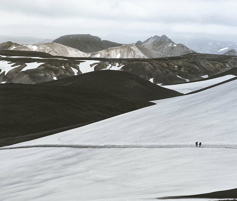 dos, persona, para caminar, campo de nieve, durante el día, paisaje, fotografía, blanco, nieve, montaña