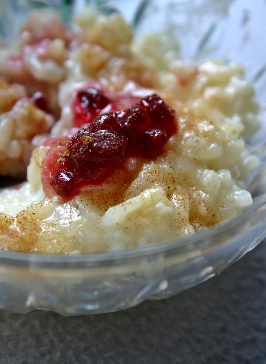 dessert, clear, glass bowl, rice pudding, rice, sweet, sweet dish, delicious, eat, food