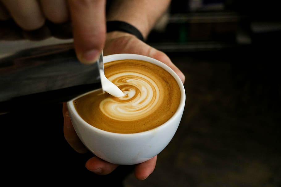 person, pouring, latte, coffee, making, art, adding, milk, cup, food