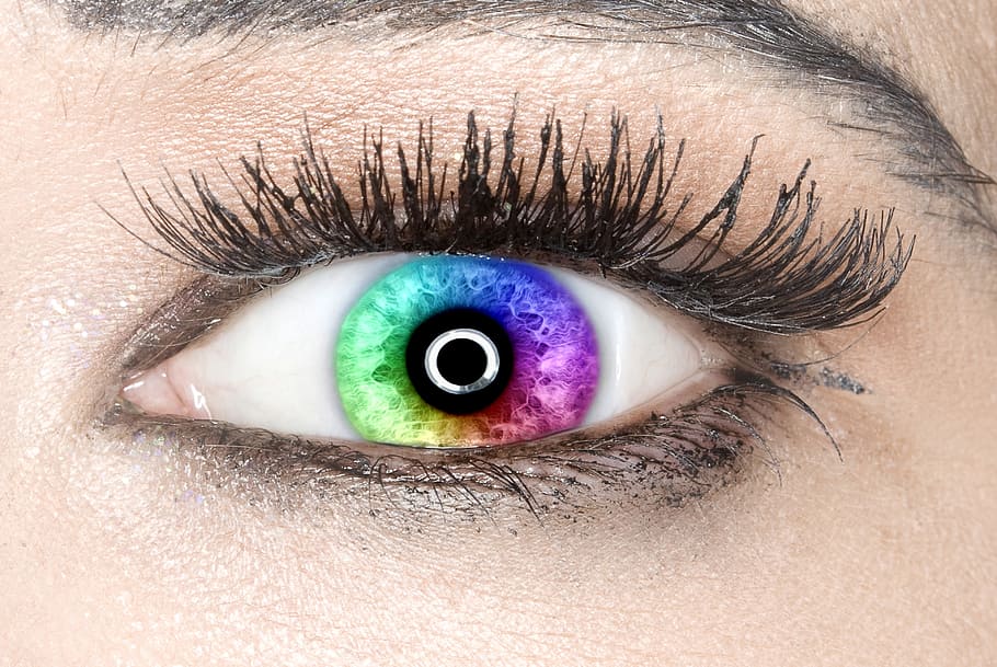 woman's right eye, eye, iris, rainbow colors, beautiful, close-up, eyebrows, eyelashes, female, skin