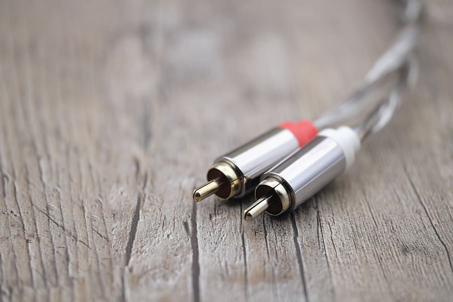 rca, plug, connection, cable, phono, audio cable, hifi, music, table, wood - material