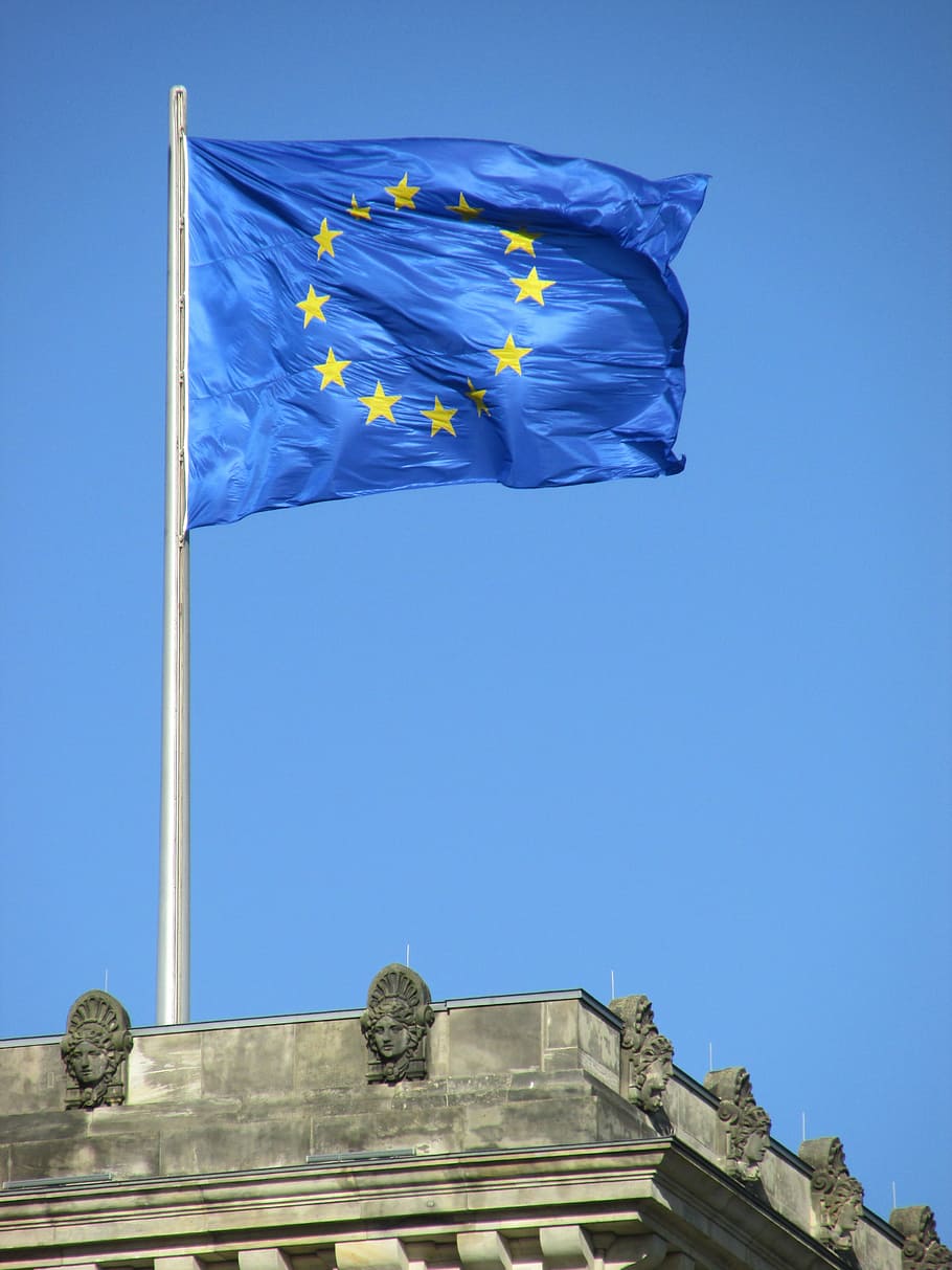 reichstag, europe, flag, star, european, eu, sky, blue, patriotism, wind