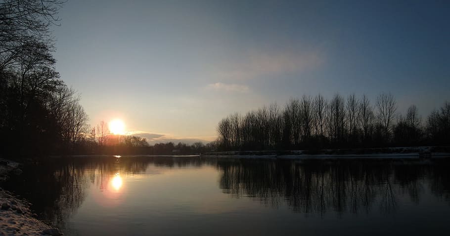matahari terbit, lanskap, alam, Perancis, sungai, musim dingin, salju, panorama, refleksi, danau