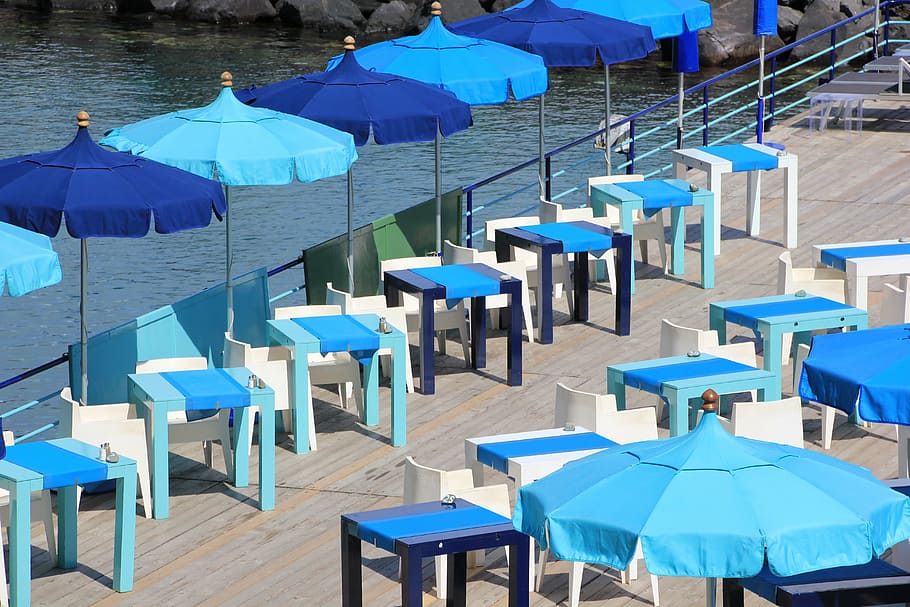 sorrento, beach, umbrella, blue, panorama, chair, seat, protection, parasol, in a row