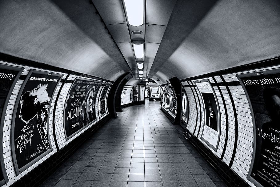 wide, angle shot, taken, tunnels, london, underground, Wide angle, shot, London Underground, urban