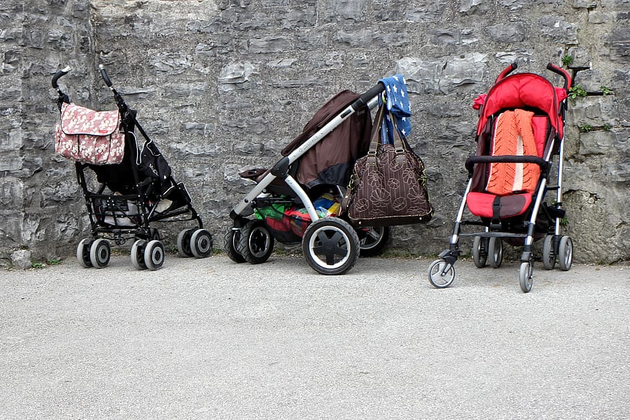 three, empty, strollers, wall, buggies, child, sun buggy, vehicle, alone, transport