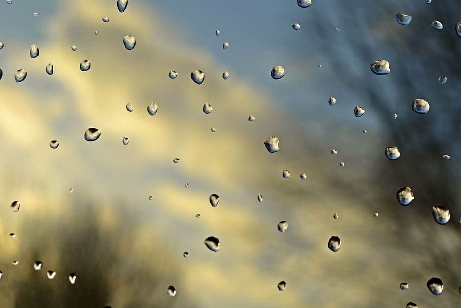 rain, raindrops, water drops, drops, air, blue, trees, clouds, rhombus, window