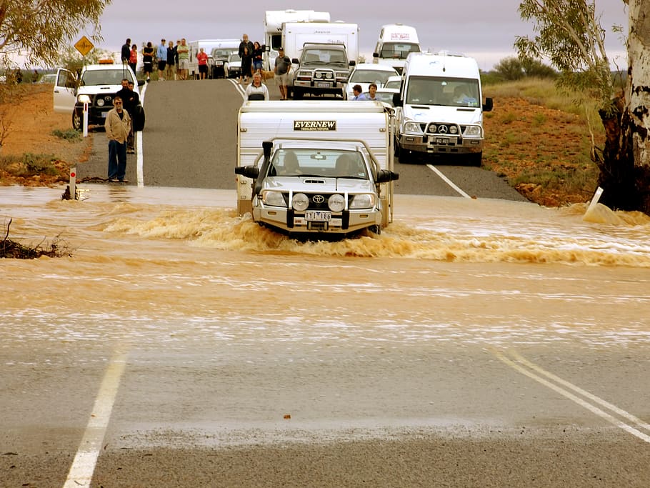 car, caravan, flood, river, brown mud, water, muddy, nature, natural, dirty