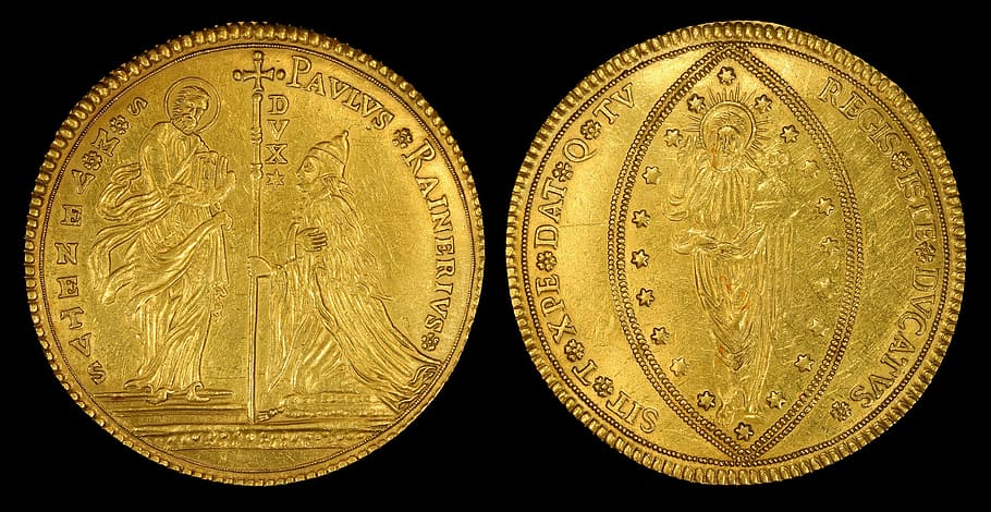 dos monedas de color dorado, monedas de oro, estados italianos, república de venecia, 50 lentejuelas, zecchini, 76 milímetros, 192, 5 gramos, brillante