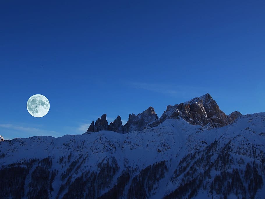 雪の山, 昼間, ドロミテ, 月, 夜, アルプス, イタリア, 満月, 雪, 山