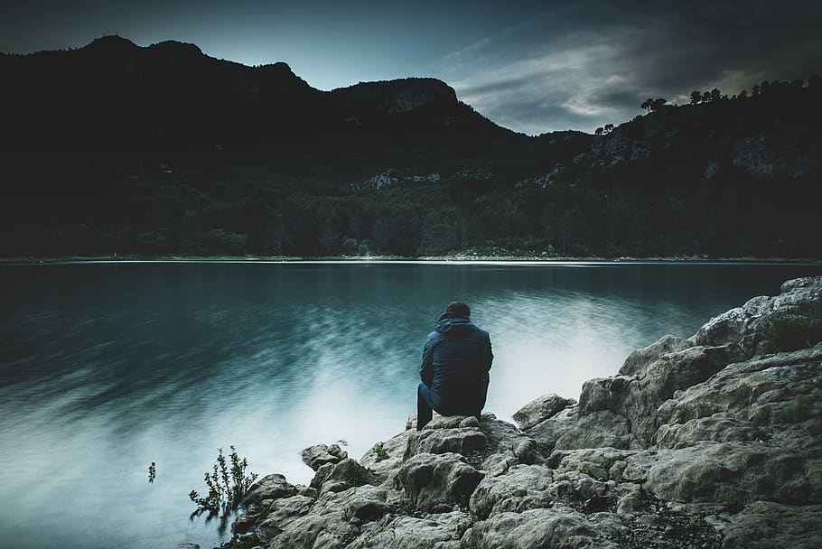 guy, man, male, people, back, contemplate, sit, nature, landscape, mountains