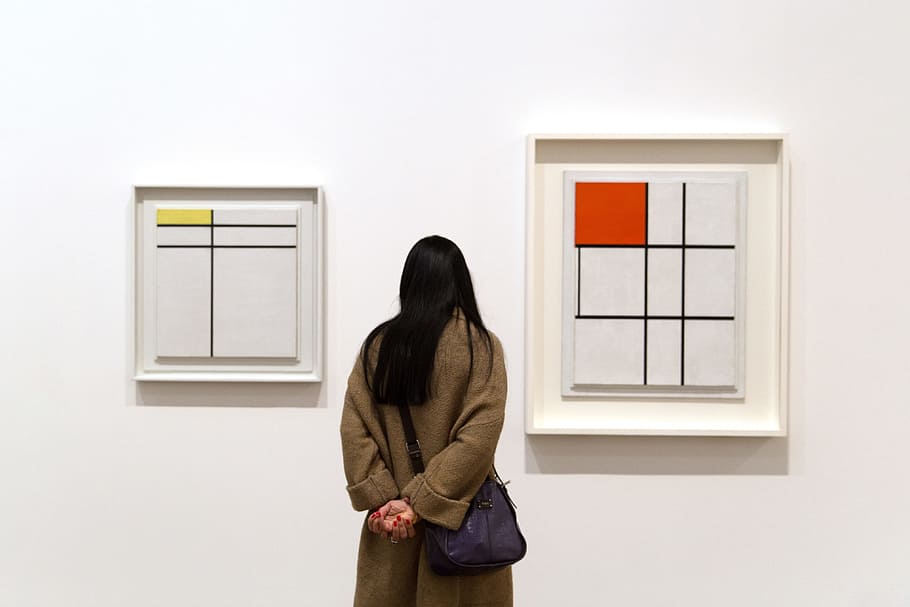 mulher, reflete, arte, tate, moderna, galeria de arte, Piet Mondrian, Tate Modern, galeria de arte moderna, Londres