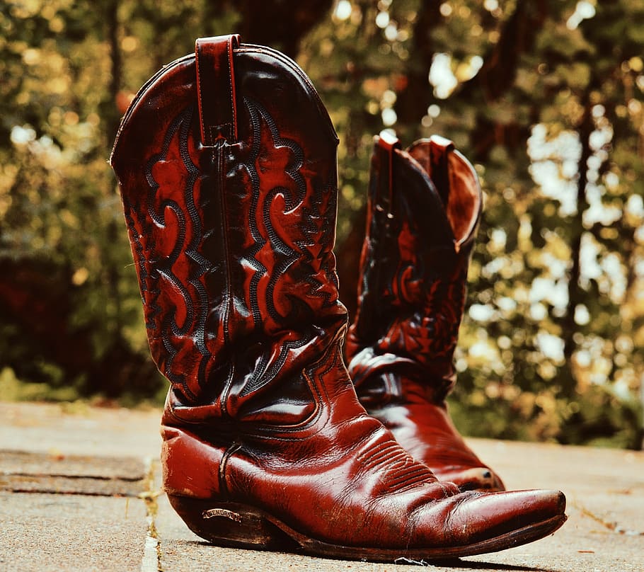 cowboy boots, leather, 80s, retro, boots, old, leather boots, shoes, shoe, focus on foreground