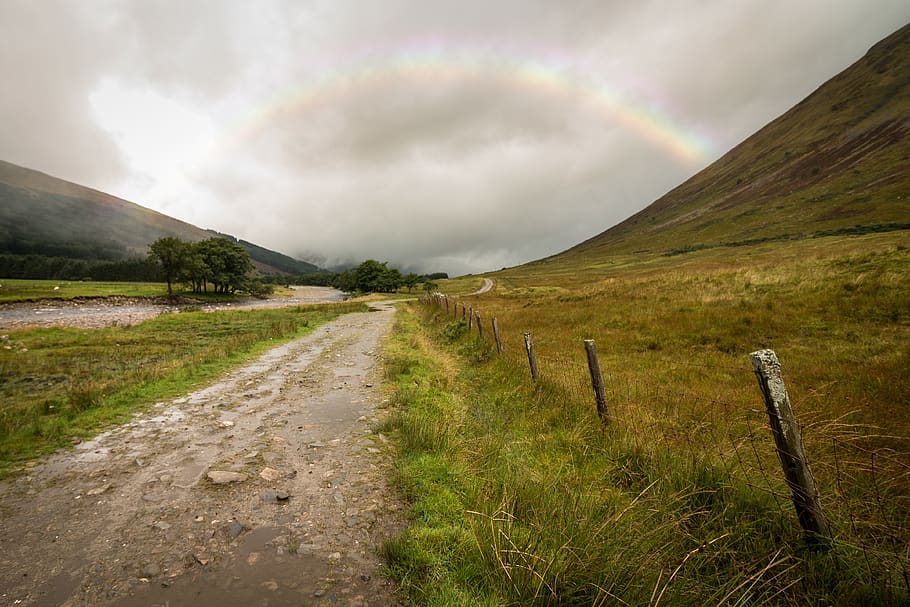 road, path, green, grass, nature, highland, grassland, mountain, sky, clouds
