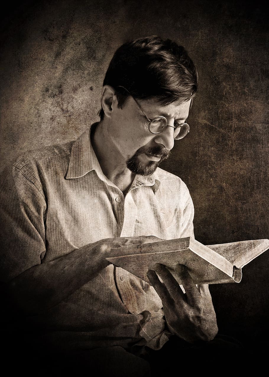 man, wearing, eyeglasses reading book, portrait, retro, book, reader, people, black And White, men