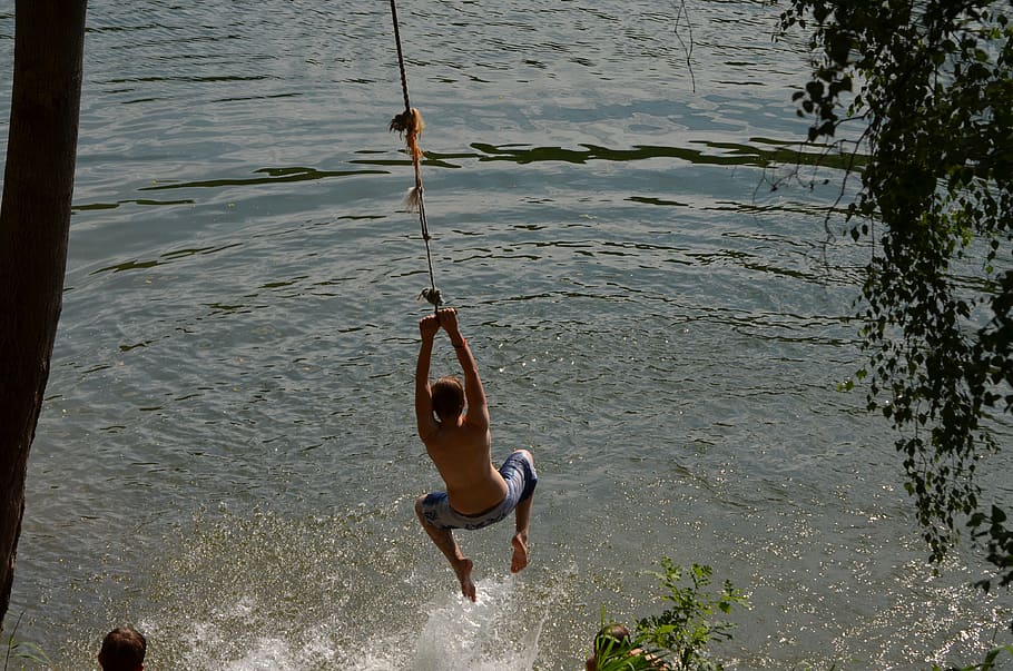 berenang, bermain-main, mendayung, danau, musim panas, basah, tali, ayunan, kesenangan, anak laki-laki