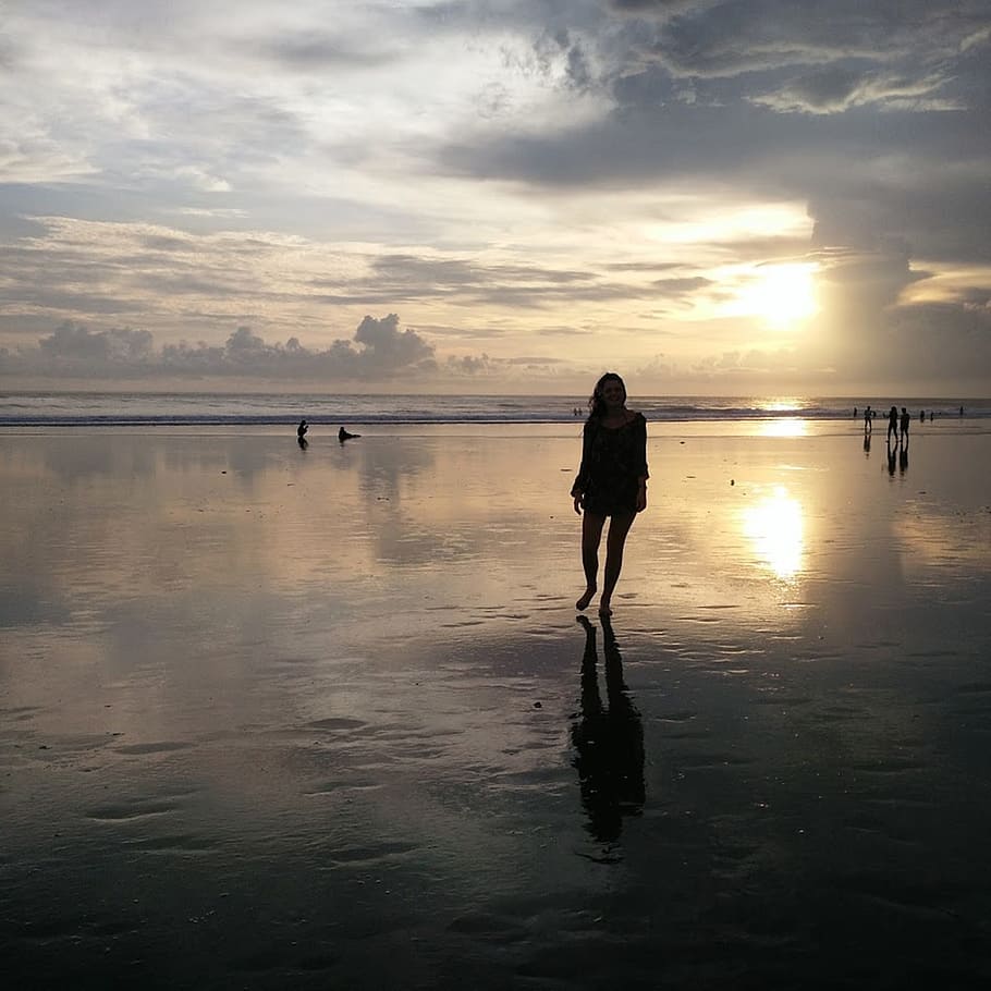 silhouette, woman, standing, ocean, calm, water, sunrise, girl, horizon, beach