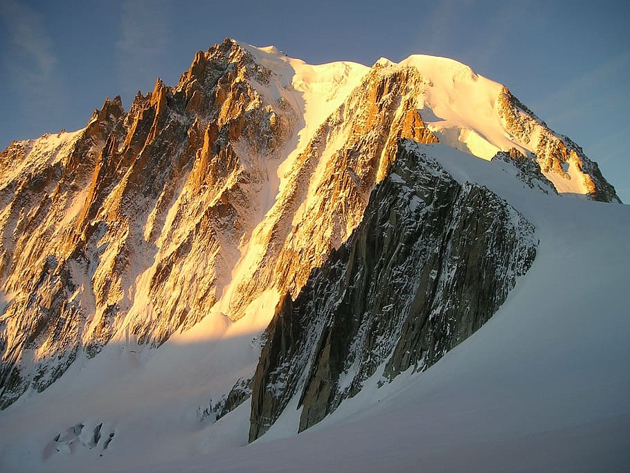 white, brown, mountain, filled, snow landscape photograph, icy channel, chamonix, mont blanc du tacul, alpine, snow