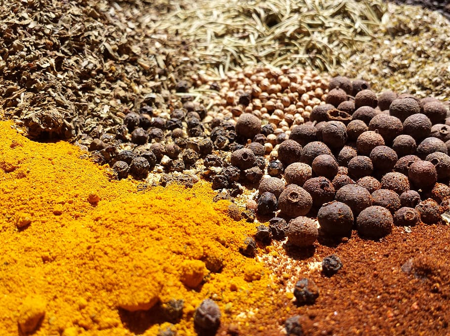 spices, kitchen, allspice, turmeric, carry, cooking, spicy, macro, close-up, selective focus