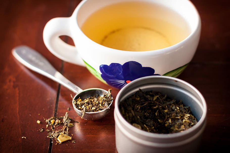 té de hojas sueltas, hojas sueltas, té, caja, taza, bebida, caliente, hoja, té de hojas, cuchara