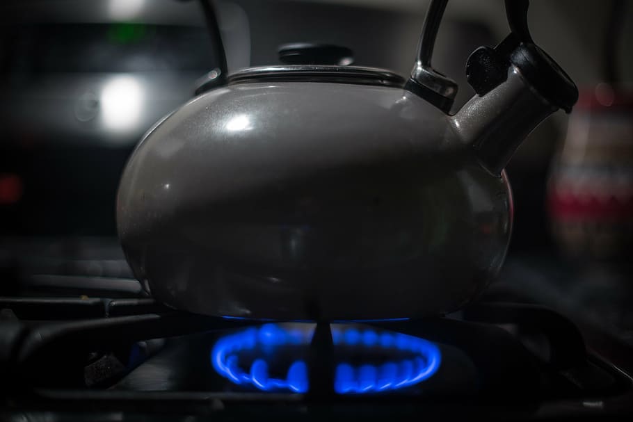 chaleira, fogão a gás, fogão, aquecimento, cozinha, casa, bule, fervendo, gás, utensílios de cozinha