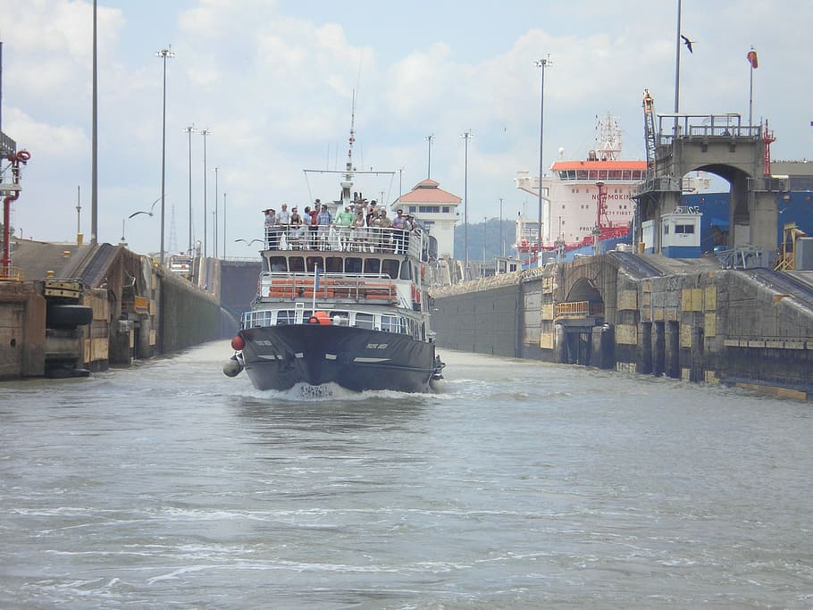 black, gray, motor boat, water, daytime, Panama Canal, Boat, canal, panama, vacation