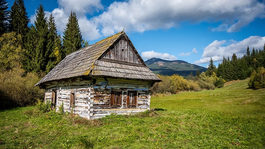 gray, wooden, house, mountain, cottage, old, the village, nature, architecture, old building
