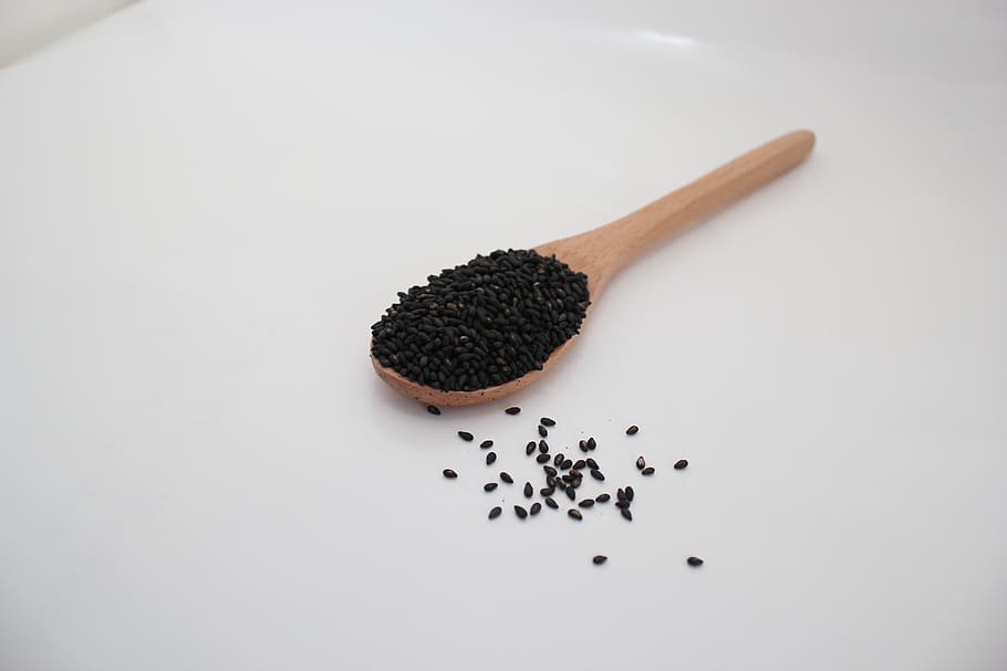 black sesame, sesame, seeds, spoon, seed, studio shot, indoors, food, food and drink, spice
