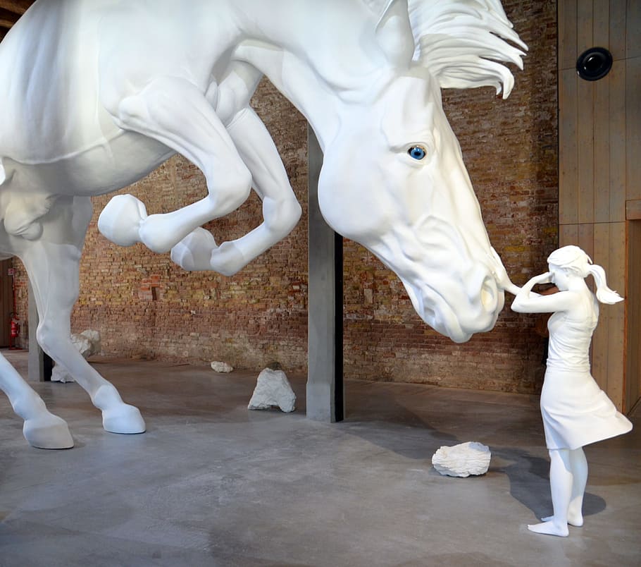 girl, horse, trust, art installation, art, installation, biennale, white, animal, white color