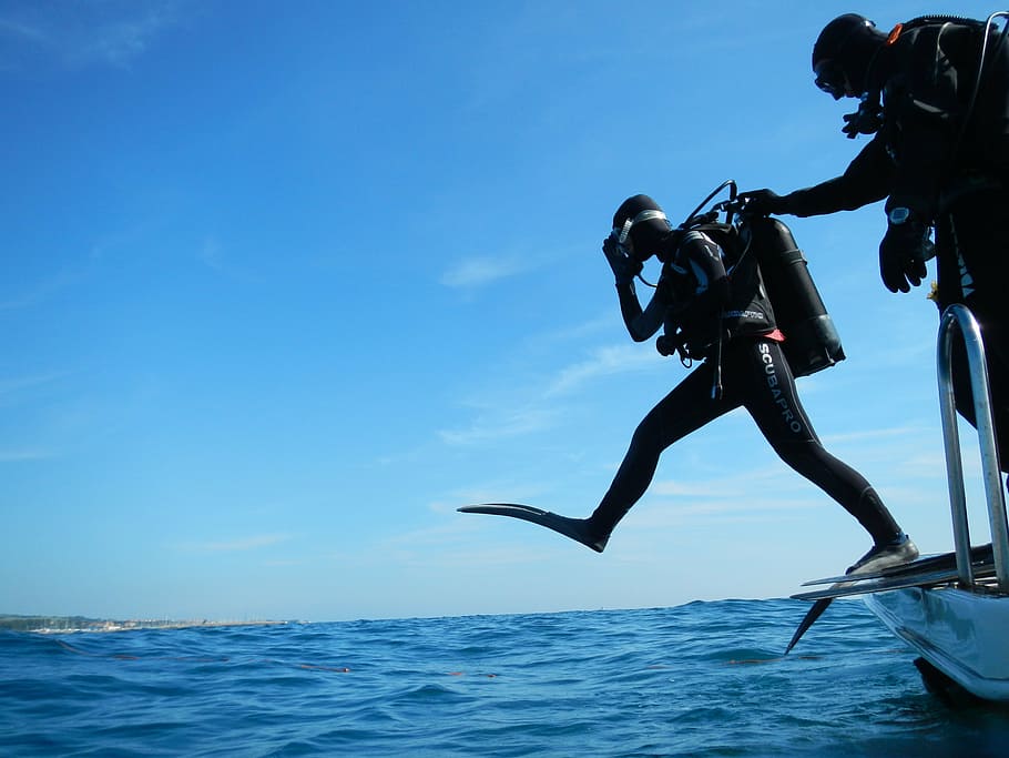 person, preparing, dive, body, water, sub, diving, scuba, giant step, diver