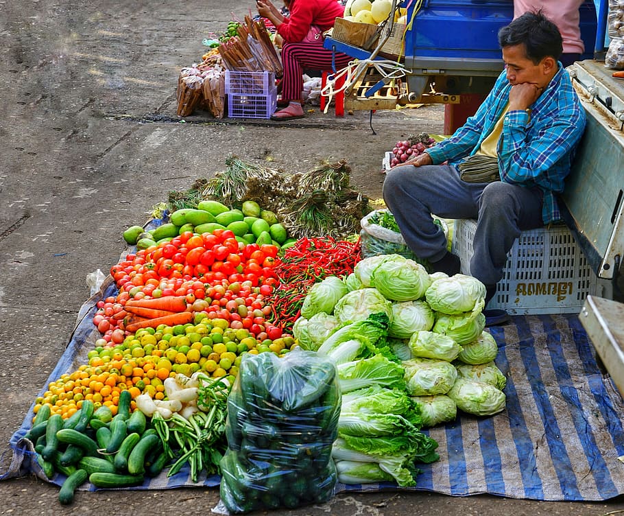 pasar, pedagang, menjual, campuran, buah, sayuran, segar, buatan sendiri, kios, penjualan