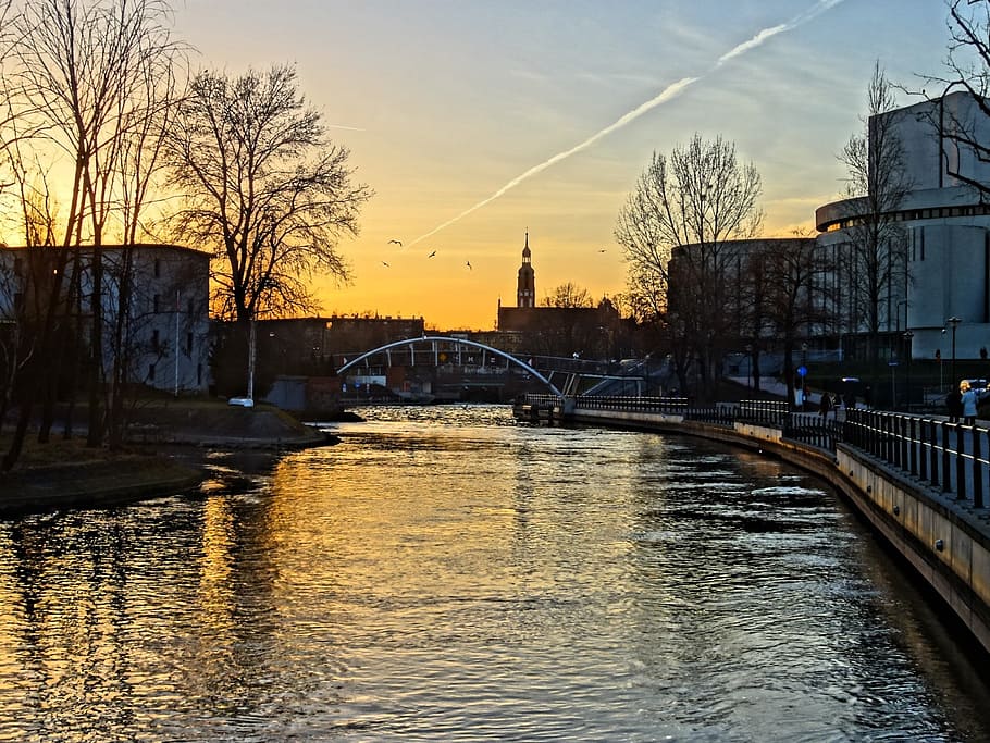 bydgoszcz, brda, river, poland, sunset, evening, water, reflection, scenery, architecture
