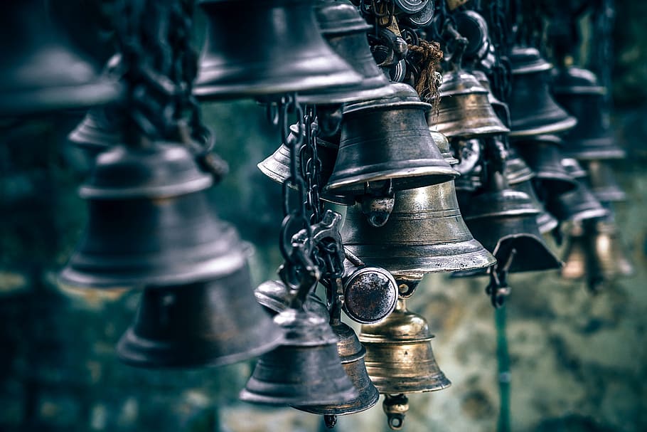 shallow, focus photo, metal bell, bell, sound, church, noise, steel, chain, rust