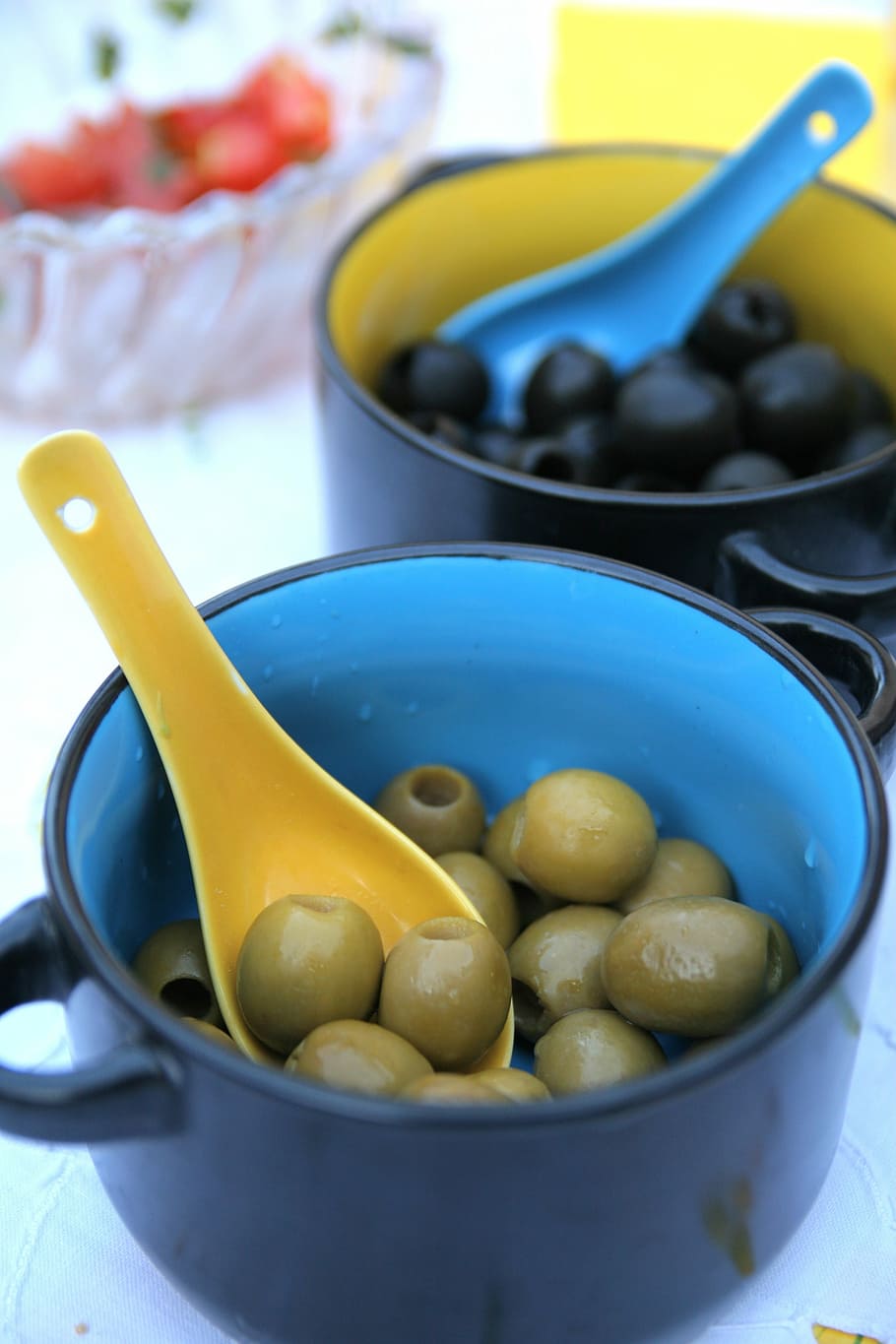 olives, green, black, mug, food and drink, healthy eating, food, fruit, group of objects, olive