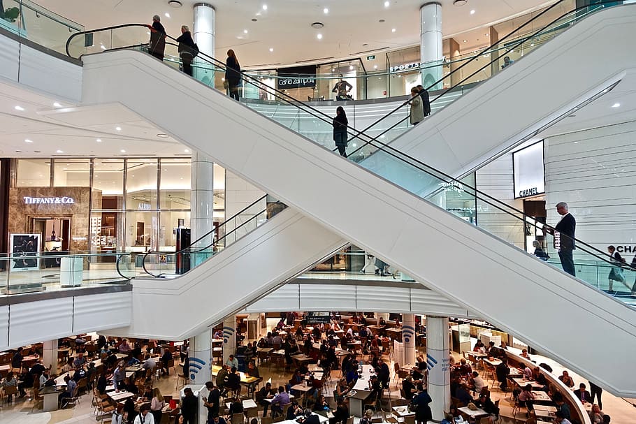 Centro comercial, escadas rolantes, shopping, escada, negócios, pessoas, compras, moderna, arquitetura, varejo