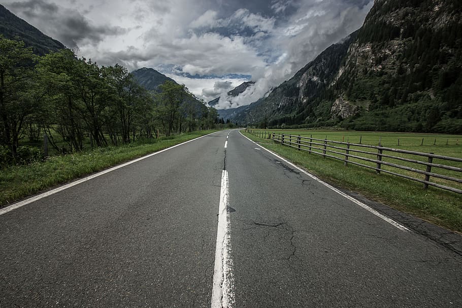 empty, road, daytime, road surface, perspective, mark, landscape, mountains, dom, wide