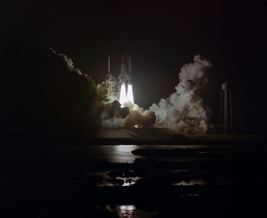 launching space rocker, space, rocker, challenger space shuttle, launch, mission, night, sts-8, astronauts, liftoff