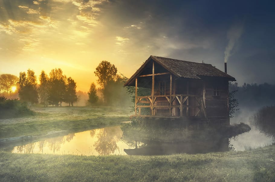 brown, wooden, floating, hut, sunset, image manipulation, lake, water, water reflection, landscape