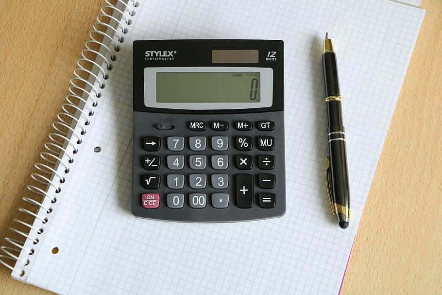 black, stylex calculator, twist pen, calculator, pen, block, business, white, stationery, office