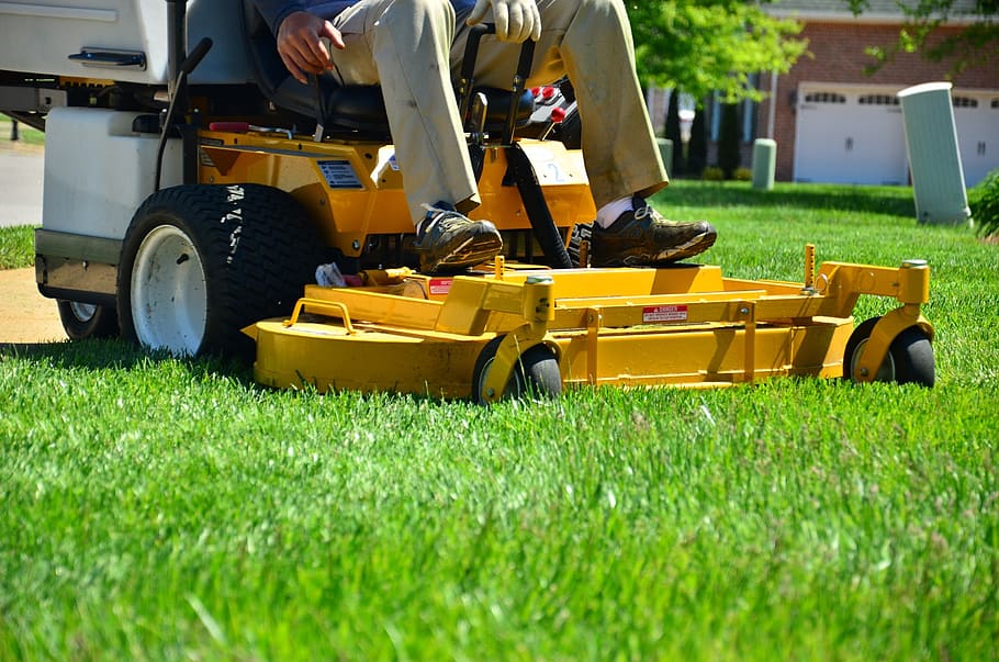 人, 座っている, 黄色, ゼロターン芝刈り機, 芝生の手入れ, 芝生のメンテナンス, 芝生サービス, 芝刈り, 草, フィールド