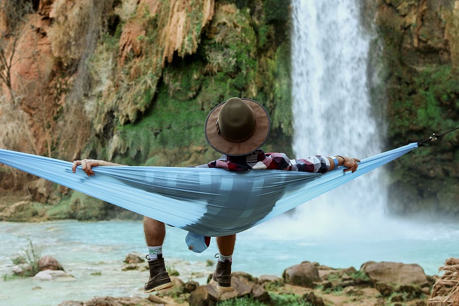 person, lying, blue, hammock, facing, waterfalls, people, man, chill, relax