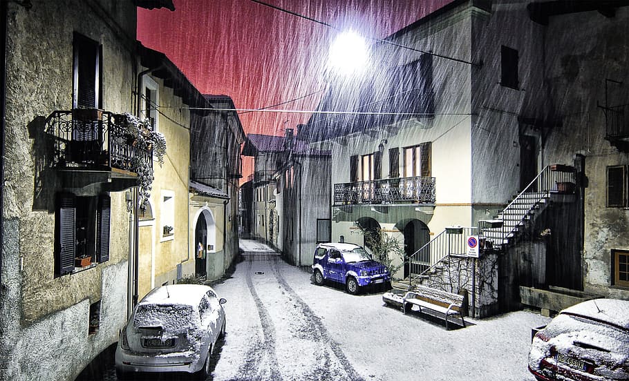 aparcamiento, hormigón, edificio, noche, montestrutto, nieve, piemonte, italia, invierno, arquitectura